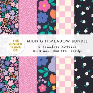 Op de afbeelding: Vijf naadloze patronen, elk 30,48 cm x 30,48 cm, met bloemen en abstracte ontwerpen in roze, blauw, oranje en wit op een donkere achtergrond. De tekst "MIDNIGHT MEADOW BUNDLE" wordt weergegeven.