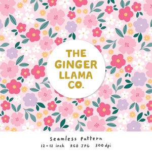 May include: Seamless floral pattern featuring pink, purple, and white flowers with green leaves on a light pink background. The design includes the text "THE GINGER LLAMA CO." in a gold circle. The pattern is 12 x 12 inches.