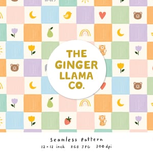 May include: A seamless pattern featuring a checkered background in pastel colors with various illustrations of animals, fruits, and other objects. The pattern is 12 inches by 12 inches and is 300 dpi. The text "THE GINGER LLAMA CO." is in the center of the image.