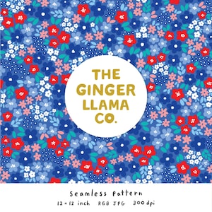May include: A seamless pattern featuring a dense floral design in shades of blue, red, pink, and white. The pattern includes a variety of flower shapes and sizes. A white circle with the text "THE GINGER LLAMA CO." is centered. The pattern is 12 x 12 inches.