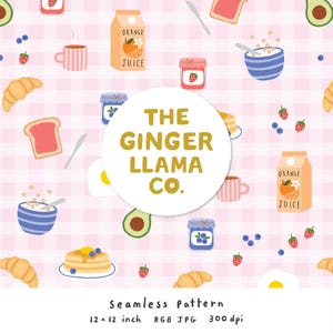 May include: Seamless pattern featuring breakfast foods like croissants, pancakes, orange juice, and toast on a pink gingham background. Includes the text "THE GINGER LLAMA CO." and the dimensions 12 x 12 inch.
