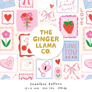 Puede incluir: Patrón sin costuras con corazones, flores, lazos, fresas y el texto "Love You XOXO" y "Sweet Heart". El diseño utiliza rosa y rojo, e incluye el texto "The Ginger Llama Co."