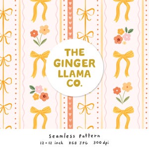 May include: Seamless pattern design featuring yellow bows, flowers, and vertical stripes with hearts and dots. The design includes the text "THE GINGER LLAMA CO." and is 30.48 x 30.48 cm.