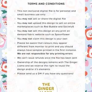 May include: A digital file with the text "TERMS AND CONDITIONS" on a light blue background with a pattern of strawberries, cherries, and jam jars. The Ginger Llama Co. logo is at the bottom.