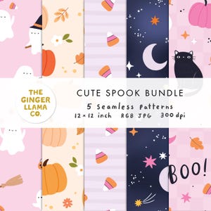 May include: Five seamless Halloween-themed patterns featuring ghosts, pumpkins, candy corn, a black cat, and a starry night sky. The text "CUTE SPOOK BUNDLE" and "BOO!" are visible. Each pattern measures 30.48 x 30.48 cm.