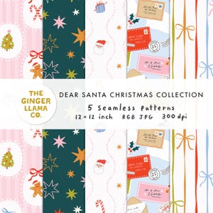 May include: A digital collection of five seamless Christmas patterns featuring festive motifs including candy canes, gingerbread figures, Christmas trees, stars, Santa Claus faces, gift boxes, and envelopes addressed to the North Pole.