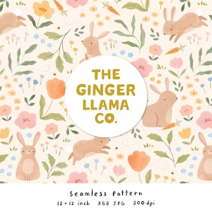 May include: Seamless pattern featuring tan bunnies, carrots, and various flowers in shades of pink, yellow, and orange, with green foliage on a cream background. The text "THE GINGER LLAMA CO." is in a white circle. The pattern is 12 x 12 inches.
