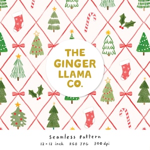 May include: A festive seamless pattern featuring Christmas trees, candy canes, holly, and stockings on a white background. Red ribbons create a diamond grid. The text "THE GINGER LLAMA CO." is in a white circle. The pattern is 30.48 x 30.48 cm.