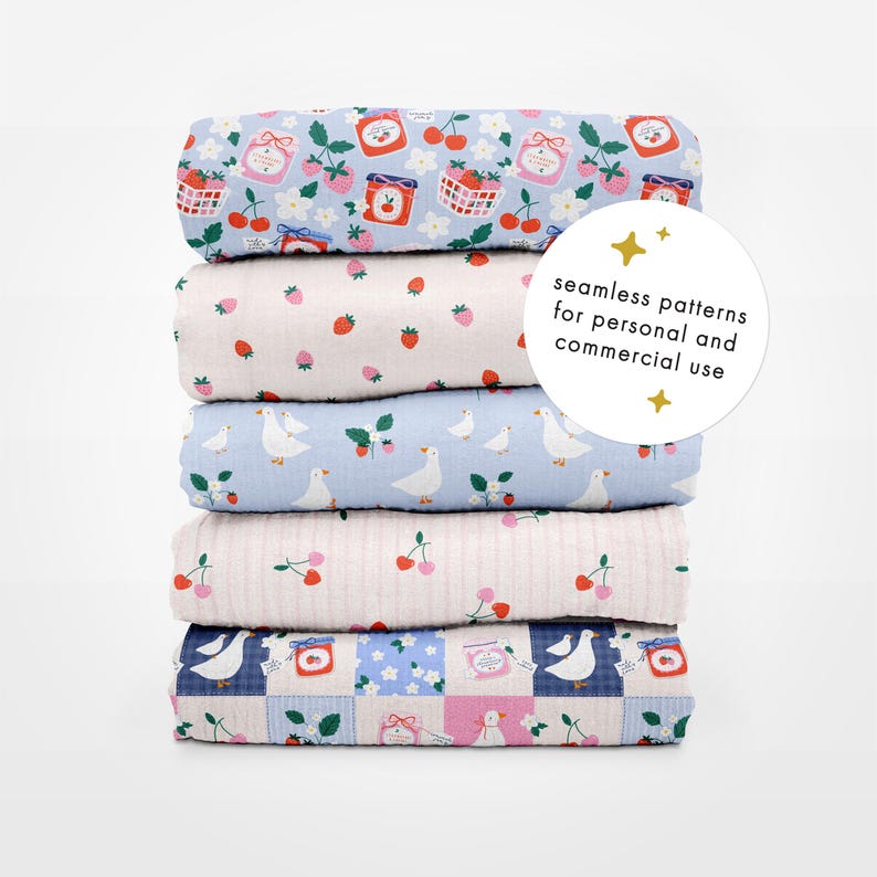 May include: A stack of six rolled fabric pieces with various patterns. The patterns include strawberries, cherries, jam jars, and geese. The top fabric has the text "seamless patterns for personal and commercial use".