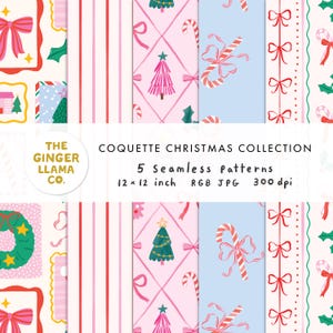 Può includere: Una collezione di cinque motivi natalizi senza cuciture. I disegni includono fiocchi rosa, bastoncini di zucchero, alberi di Natale e agrifoglio. I motivi misurano 30,48 cm x 30,48 cm e presentano il testo "Coquette Christmas Collection".