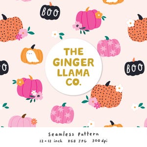 Floral Pumpkins Seamless Pattern, Digital Pattern Download, Pink Girly Pumpkin Seamless, Cute Halloween Pattern Commercial Licence JPG