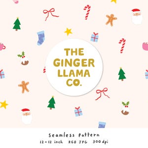 May include: A seamless Christmas pattern featuring festive elements like candy canes, gingerbread men, Christmas trees, and Santa Claus faces. The design includes gift boxes, bows, and stars on a light pink background. The text "THE GINGER LLAMA CO." is in a white circle. The pattern is 12 x 12 inches.
