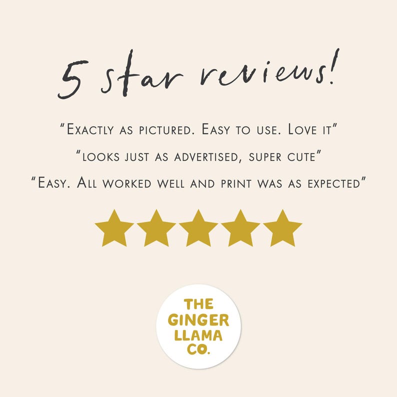 May include: A cream-colored graphic with the text "5 star reviews!" in black script. Below, customer reviews are quoted, followed by five gold star icons. A circular logo at the bottom reads "THE GINGER LLAMA CO."