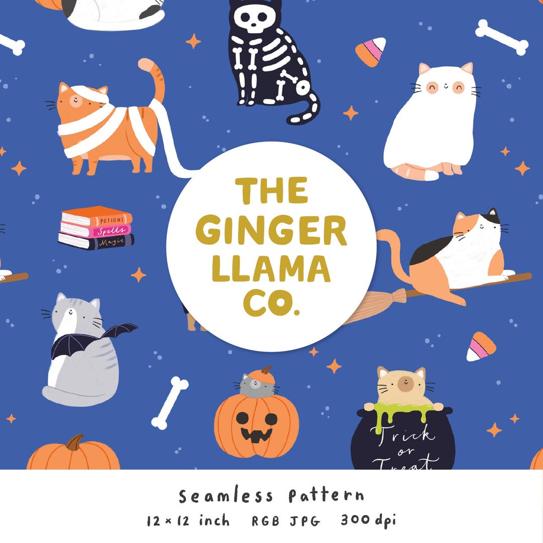 Cute Halloween Cats Seamless Pattern, Digital Pattern Download, Cat ...