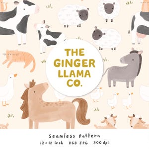 May include: A seamless pattern with watercolour illustrations of farm animals such as cows, sheep, horses, goats, cats, and geese. The design includes the text "THE GINGER LLAMA CO." in a circular logo. The pattern is 30.48 x 30.48 cm.