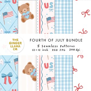 Puede incluir: Un paquete del 4 de julio con cinco patrones sin costuras. Los diseños incluyen banderas americanas, osos de peluche con letreros de USA en forma de corazón y patrones de cuadros. Los patrones miden 30,48 x 30,48 cm.