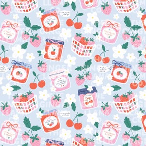 May include: A light blue pattern featuring illustrations of strawberry and cherry preserves in jars and baskets, along with cherries, strawberries, and white flowers. The text includes "Strawberry & Cherry" and "Cherry Jelly".