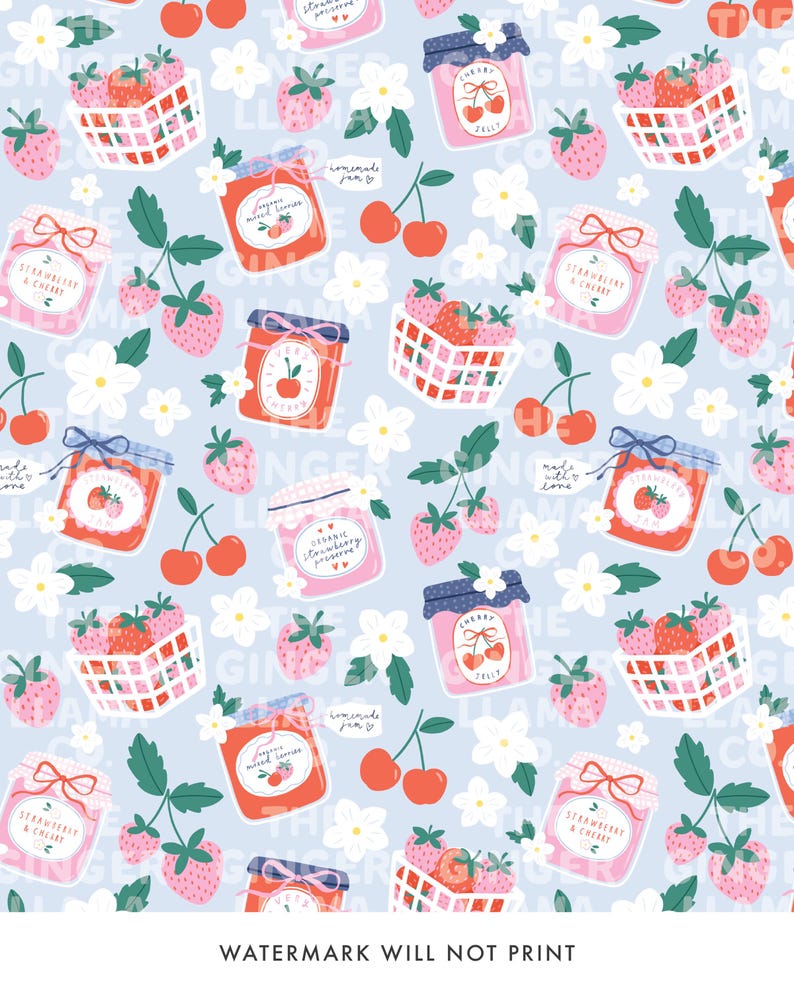 May include: A light blue pattern featuring illustrations of strawberry and cherry preserves in jars and baskets, along with cherries, strawberries, and white flowers. The text includes "Strawberry & Cherry" and "Cherry Jelly".