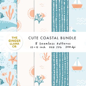 May include: A collection of five seamless patterns with a coastal theme. Designs include whales, fish, coral, suns, sailboats, and seagulls. The patterns are 12 x 12 inches and feature a palette of blue, orange, and white. The text reads "Cute Coastal Bundle".