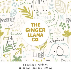 Può includere: Motivo senza cuciture con un alfabeto di animali, con zebra, scimmia, coccodrillo, elefante e leone. Il design include il testo "The Ginger Llama Co." e misura 30,48 x 30,48 cm.