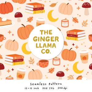 Peut inclure: Motif sans couture avec des citrouilles, des livres, des tasses à café et des feuilles d'automne orange, jaune et marron. Le motif comprend le texte "THE GINGER LLAMA CO." et "PUMPKIN SPICE". Le motif mesure 30,48 cm x 30,48 cm.