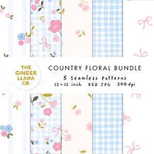 May include: A collection of five seamless patterns with a country floral theme. The patterns include pink and blue flowers, bows, and gingham on white and light blue backgrounds. The patterns are 12 x 12 inches.