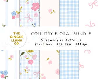 May include: A collection of five seamless patterns with a country floral theme. The patterns include pink and blue flowers, bows, and gingham on white and light blue backgrounds. The patterns are 12 x 12 inches.
