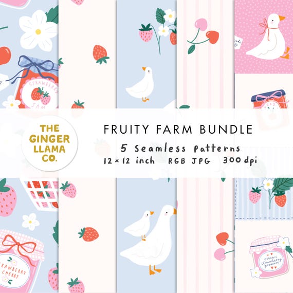 Fruity Farm Seamless Pattern Bundle For Commercial Use, Strawberry Jelly Cherry Jam and Geese Repeat Pattern, Spring Summer Digital Paper
