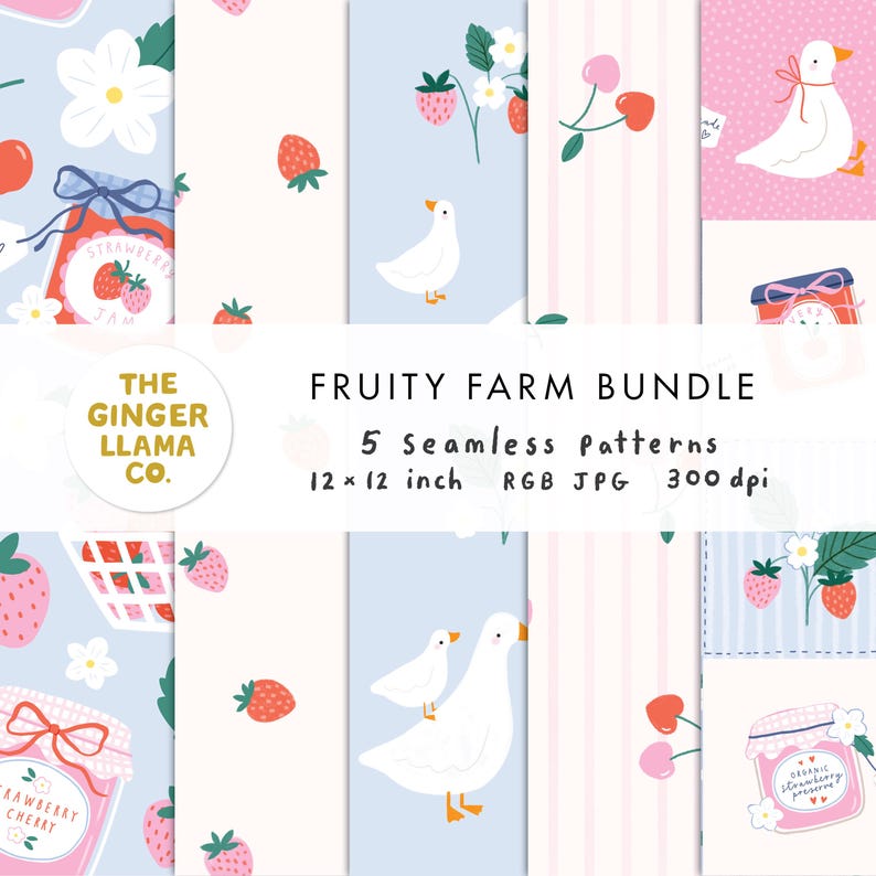 May include: A collection of five seamless patterns with a fruity farm theme. Designs include strawberries, cherries, ducks, and jam jars. The patterns are 12 x 12 inches and feature the text "FRUITY FARM BUNDLE". The Ginger Llama Co. logo is also visible.
