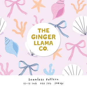 May include: A seamless pattern with illustrations of seashells, starfish, coral, and bows in pastel shades of pink, blue, and peach. The design includes the text "THE GINGER LLAMA CO." in a circular logo. The pattern is 30.48 x 30.48 cm.