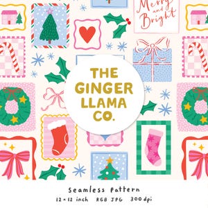 Pode incluir: Um padrão de Natal sem costura com elementos festivos como árvores de Natal, grinaldas, meias e caixas de presente. O design inclui o texto "Merry and Bright" e "The Ginger Llama Co." O padrão mede 30,48 cm x 30,48 cm.