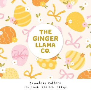 May include: A seamless pattern with Easter eggs in yellow, orange, and pink, decorated with bows and flowers. The design includes the text "THE GINGER LLAMA CO." and the dimensions "12 x 12 inch".