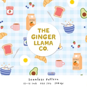 May include: Seamless pattern featuring breakfast foods like croissants, toast with jam, orange juice, and eggs on a light blue checkered background. The design includes the text "THE GINGER LLAMA CO." and is 12 x 12 inches.