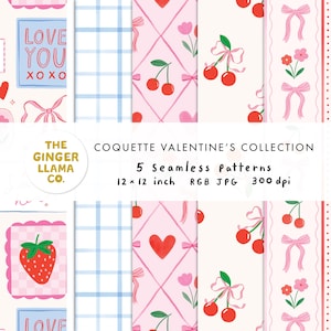 Puede incluir: Colección de cinco patrones sin costuras con temática de San Valentín. Los patrones incluyen cerezas, lazos, corazones y un diseño de cuadros azules. También aparece el texto "LOVE YOU XOXO". Cada patrón mide 30.48 cm x 30.48 cm.