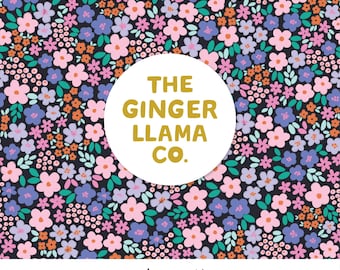 May include: Seamless floral pattern featuring a dense arrangement of pink, purple, and orange flowers on a black background. The design includes the text "THE GINGER LLAMA CO." in a white circle. The pattern is 12 x 12 inches.