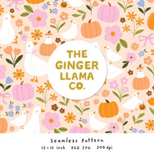 May include: A seamless pattern featuring white geese, orange and pink pumpkins, and colorful flowers on a light peach background. A central white circle displays the text THE GINGER LLAMA CO. in gold. Below, text reads: Seamless pattern 12 x 12 inch RGB JPG 300 dpi.