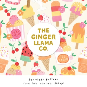 May include: Seamless pattern featuring watercolor illustrations of ice cream cones, popsicles, and ice cream cups with cherries and flowers. The text "THE GINGER LLAMA CO." is in a white circle. The pattern is 12 x 12 inches.