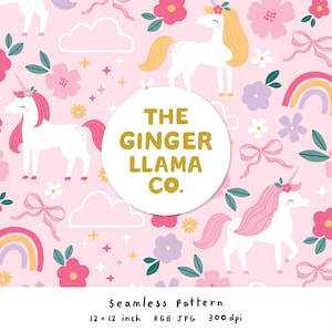 May include: Seamless pattern featuring white unicorns with pink and yellow manes, flowers, bows, and rainbows on a light pink background. The text "THE GINGER LLAMA CO." is in a white circle. The pattern is 12 x 12 inches.