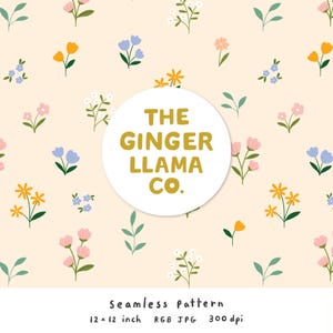 May include: A seamless floral pattern with a repeating design of colorful flowers and green leaves on a light beige backdrop. The design includes the text "THE GINGER LLAMA CO." in a white circle. The pattern is 30.48 x 30.48 cm.
