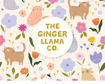Floral Cats Seamless Pattern Digital File Commercial Use Flowers Repeat Pattern For Fabric Cat Flowers Repeat Pattern JPG