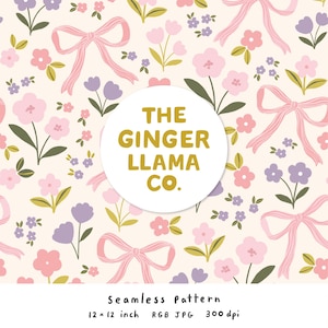 May include: A seamless pattern with pink bows, pink and purple flowers, and green leaves on a cream backdrop. The text "THE GINGER LLAMA CO." is in a white circle. The pattern is 30.48 x 30.48 cm.
