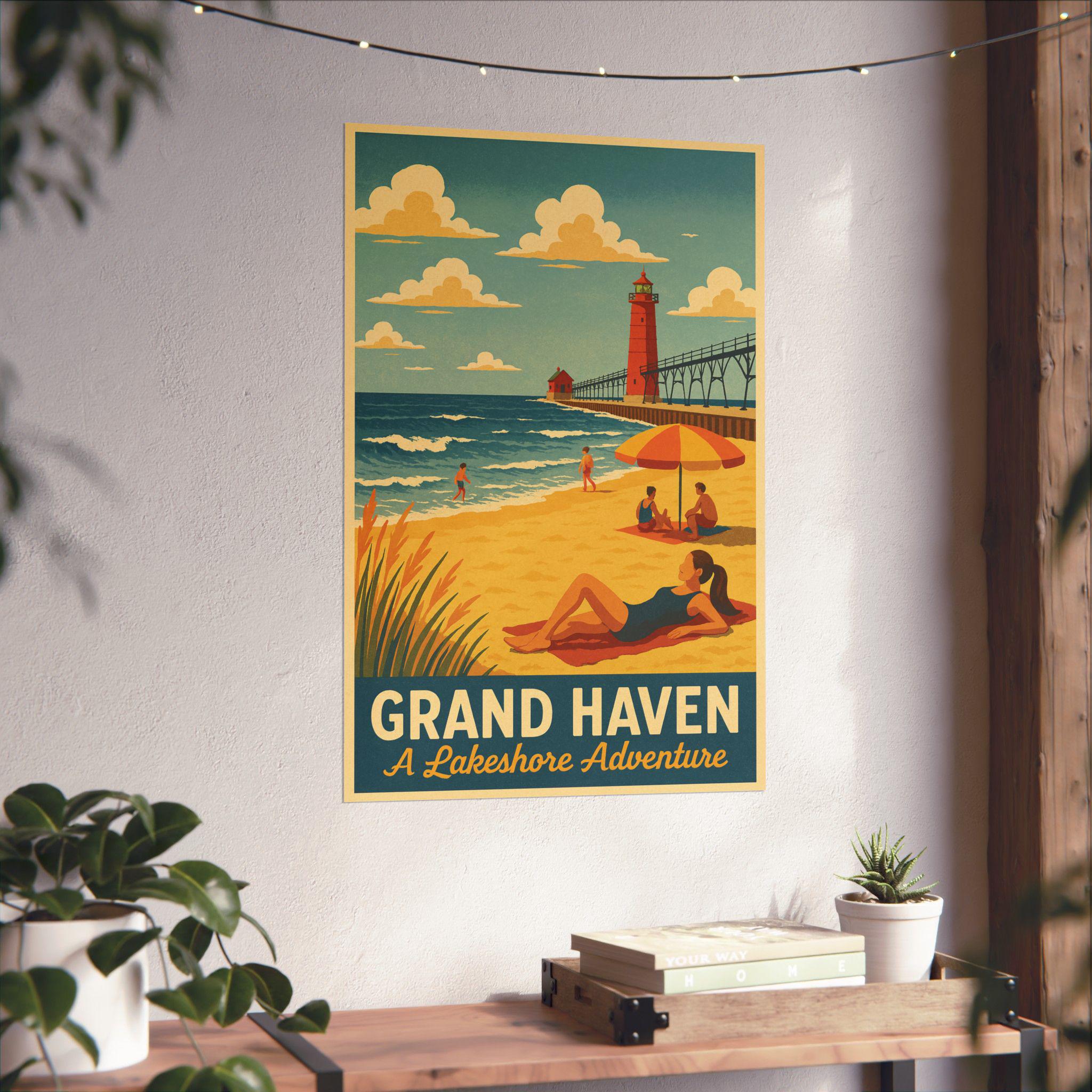 Grand Haven Beach Vintage Matte Poster 20"x30" - Vintage Travel Art, Home Decor, Wall Art, Gift for Nature Lovers