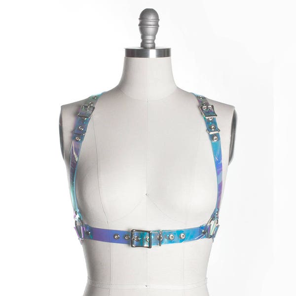 HOLOGRAPHIC HARNESS BELT - Iridescent Pvc Vinyl - Underbust - Pastelgoth - Nugoth  - Seapunk - Pastel Aesthetic Rainbow - Festival Fashion