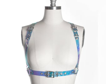 HOLOGRAPHIC HARNESS BELT - Iridescent Pvc Vinyl - Underbust - Pastelgoth - Nugoth  - Seapunk - Pastel Aesthetic Rainbow - Festival Fashion