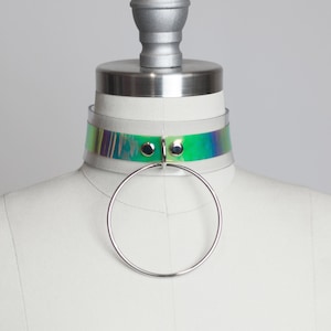 Holographic O Collar - Green Iridescent Vinyl Choker Collar, Clear Pvc, Large O Ring, Pastelgoth, Kawaii Aesthetic, Festival Fashion