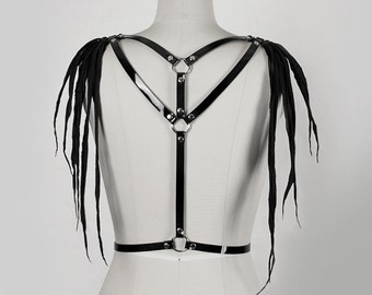 Wraith Shoulder Harness - Post Apocalyptic Harness Belt, Pvc Vinyl, Shredded Gauze Fringe, Gothic Wraith Fashion, Deathrock, Wasteland, Goth