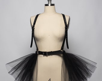 Odette Tutu Harness Skirt, Tulle Peplum, Black Leather, White PVC, Gothic Witchy Ballerina, Layered Overskirt, Goth Prom, Vegan Leather