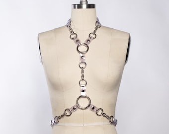 Industrial Chain Harness: Clear PVC, Metal Hardware, Gothic Clubwear