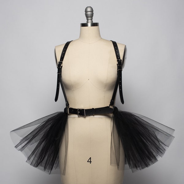 Odette Tutu Harness Skirt, Tulle Peplum, Black Leather, White PVC, Gothic Witchy Ballerina, Layered Overskirt, Goth Prom, Vegan Leather