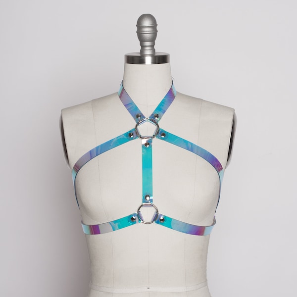 DUALITY HARNESS BRA - Holographic Iridescent Pvc Vinyl - Cage Bra - Pastelgoth - Nugoth  - Seapunk - Pink Blue Green Rainbow